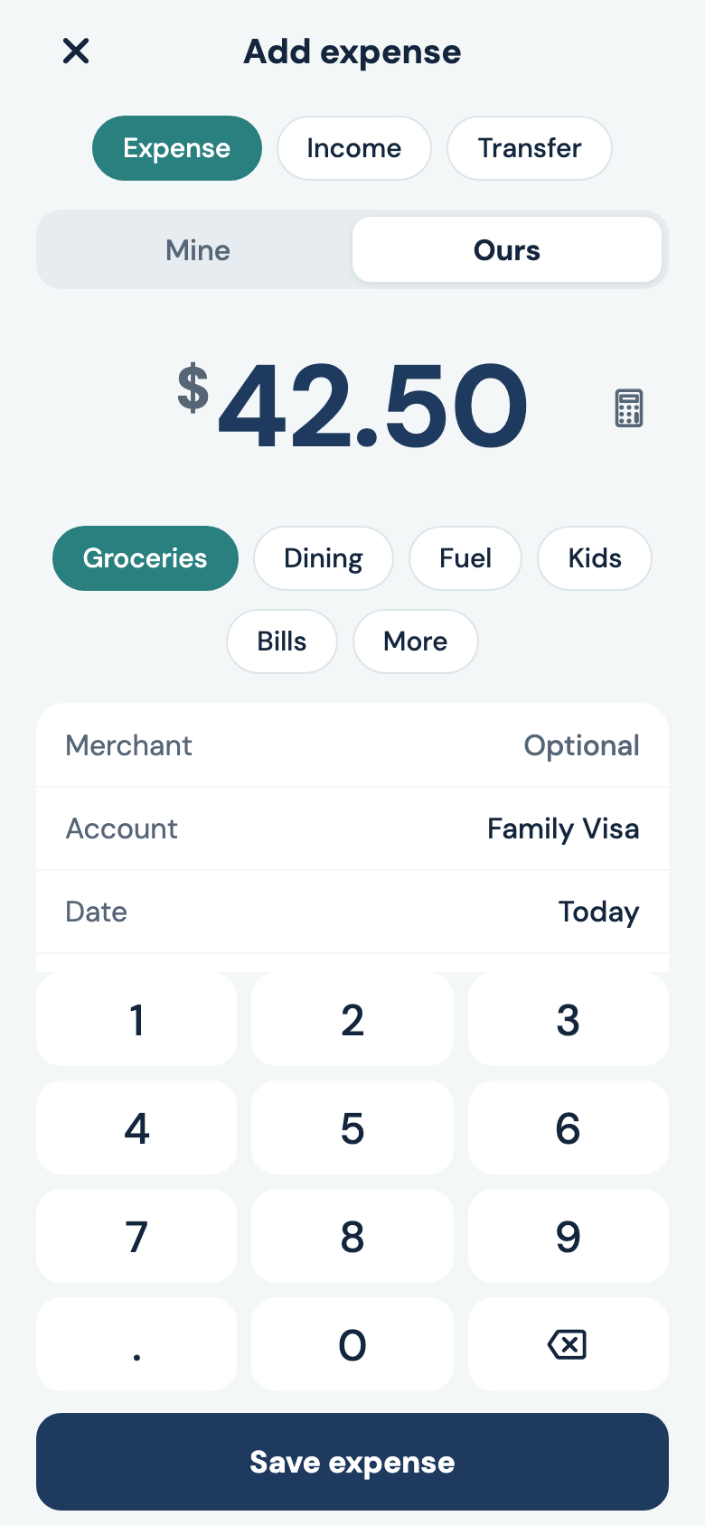 Quick entry screen: $42.50 typed on the keypad, Groceries selected, paid with the Family Visa, marked Ours.